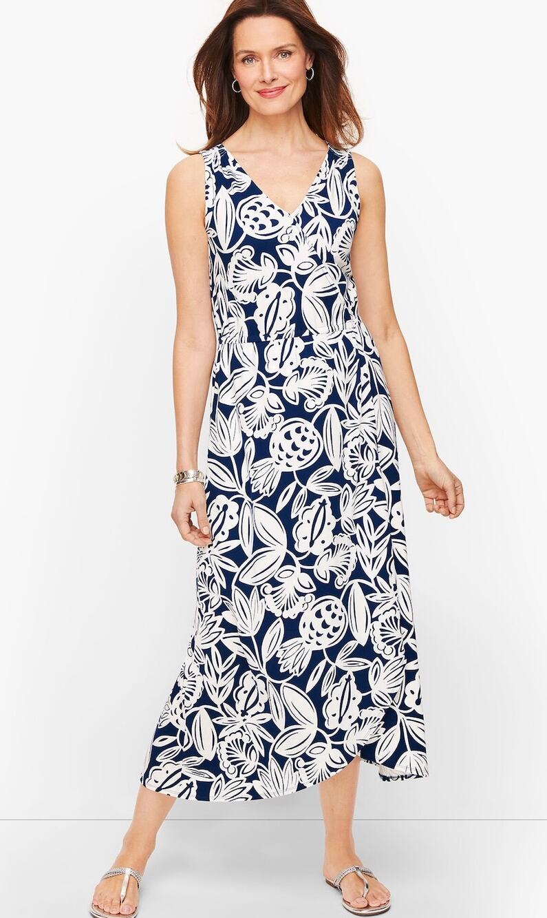 Talbots Womens S Blue White Floral Jersey Faux Wrap Tank Maxi Vacation Dress NEW